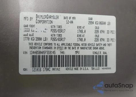 2005 Dodge Durango Limited from USA, damaged, VIN 1D4HB58N05F559145